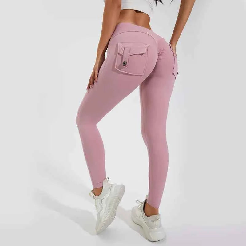Peach Hip Pocket Leggings High Waist Push Up Gym Trousers