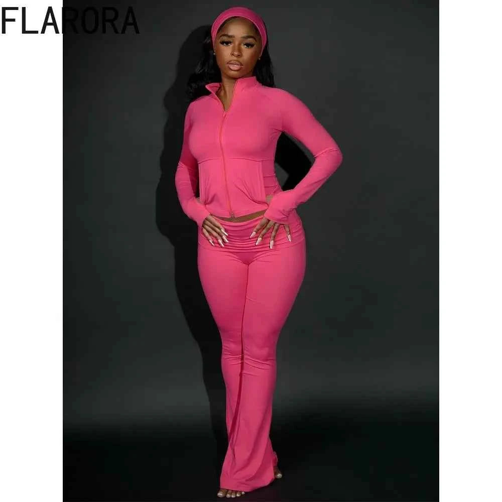 FLARORA Casual Sporty 3 Pcs Set Woman Lapel Long Sleeve Dew Finger Jacket+Skinny Flare Pant+ Hairband Yoga Fitness Tracksuits