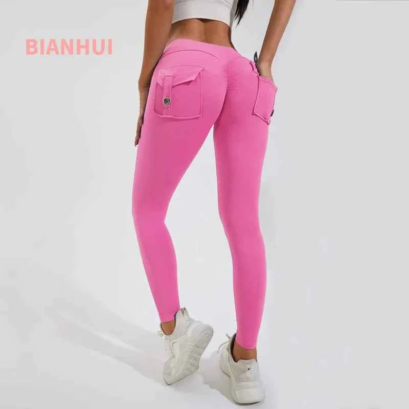 Peach Hip Pocket Leggings High Waist Push Up Gym Trousers