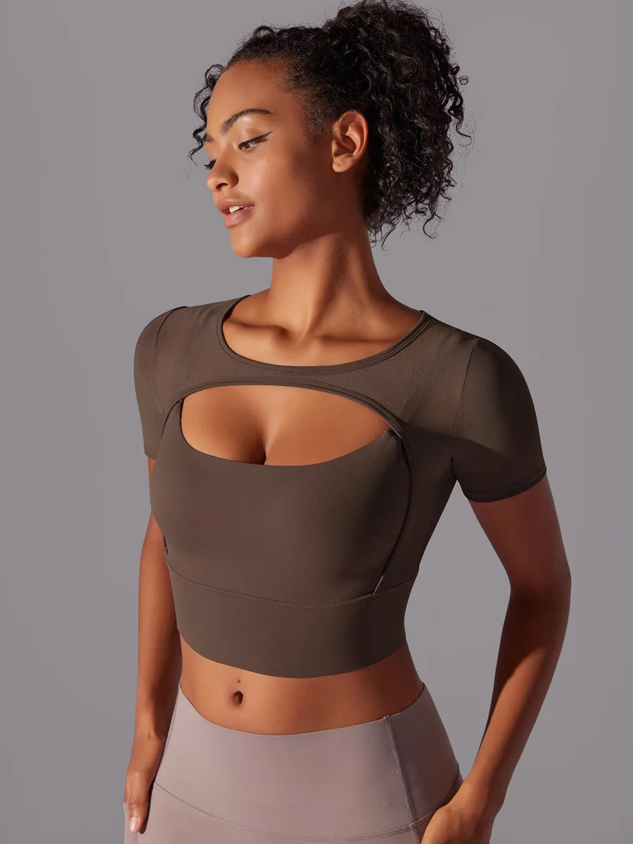 Yoga exercise set with women's mesh patchwork one piece asymmetric hollow sexy tight fitting sports and fitness yoga gym bra - IRON GODDESS