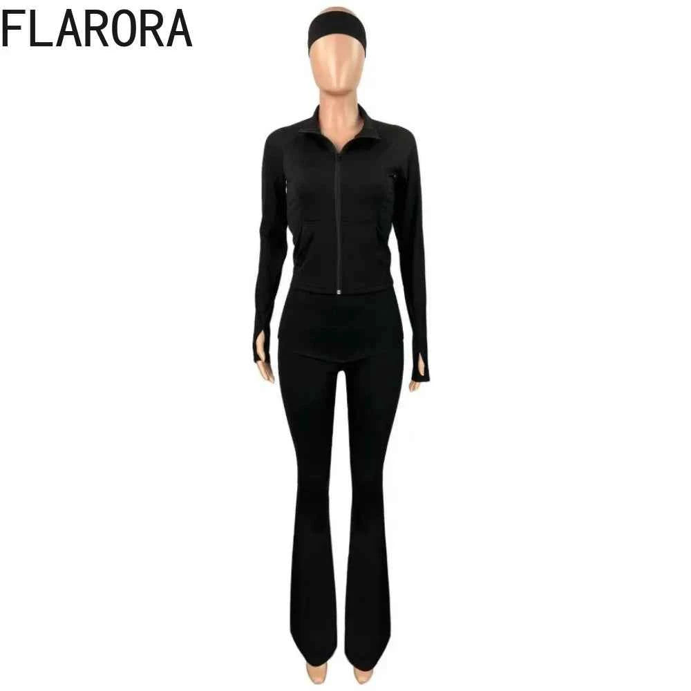 FLARORA Casual Sporty 3 Pcs Set Woman Lapel Long Sleeve Dew Finger Jacket+Skinny Flare Pant+ Hairband Yoga Fitness Tracksuits