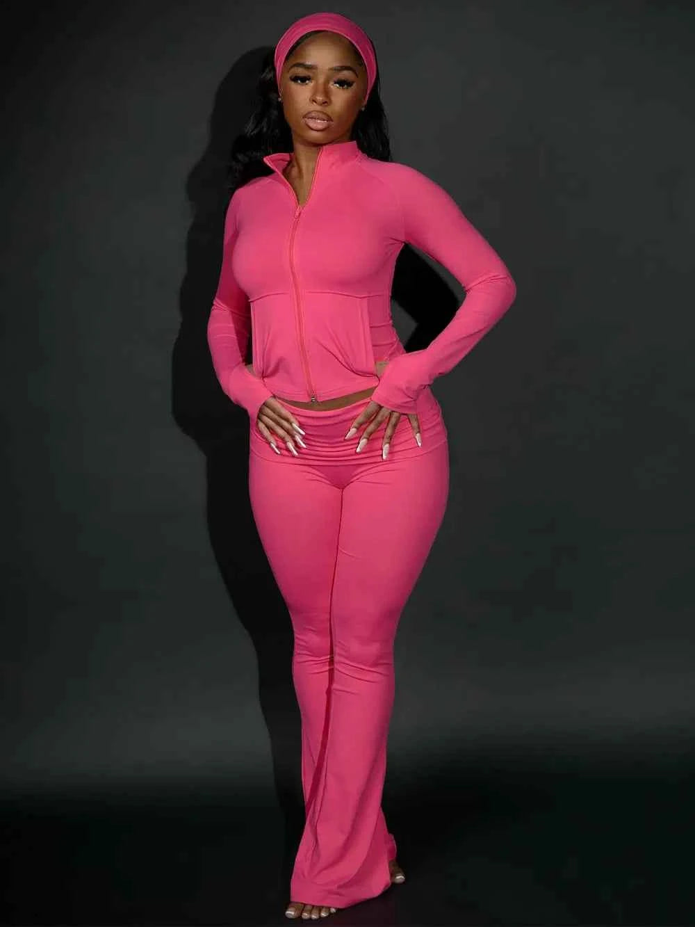 FLARORA Casual Sporty 3 Pcs Set Woman Lapel Long Sleeve Dew Finger Jacket+Skinny Flare Pant+ Hairband Yoga Fitness Tracksuits