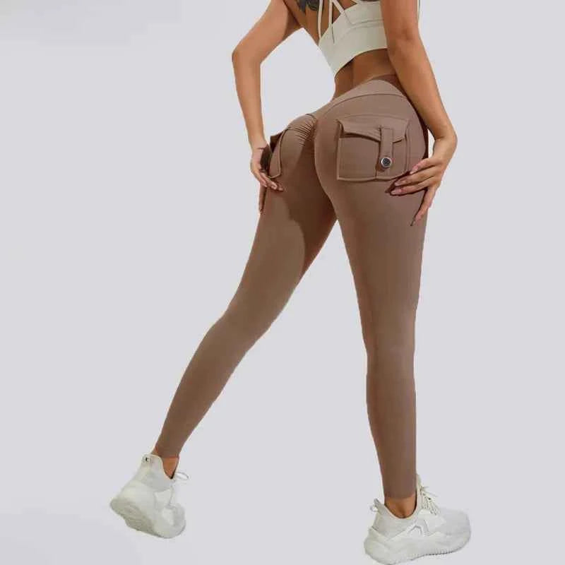 Peach Hip Pocket Leggings High Waist Push Up Gym Trousers