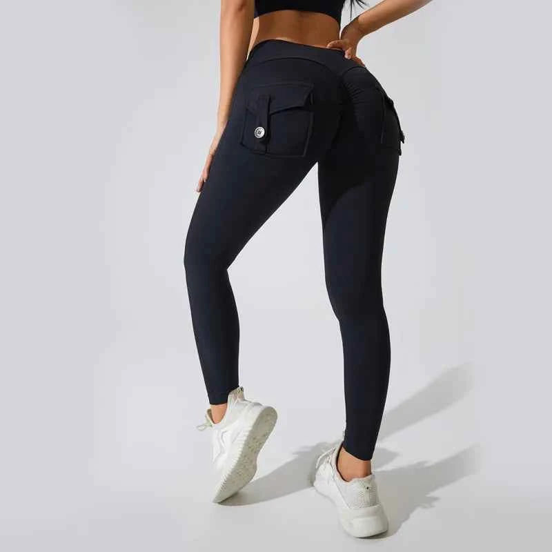 Peach Hip Pocket Leggings High Waist Push Up Gym Trousers