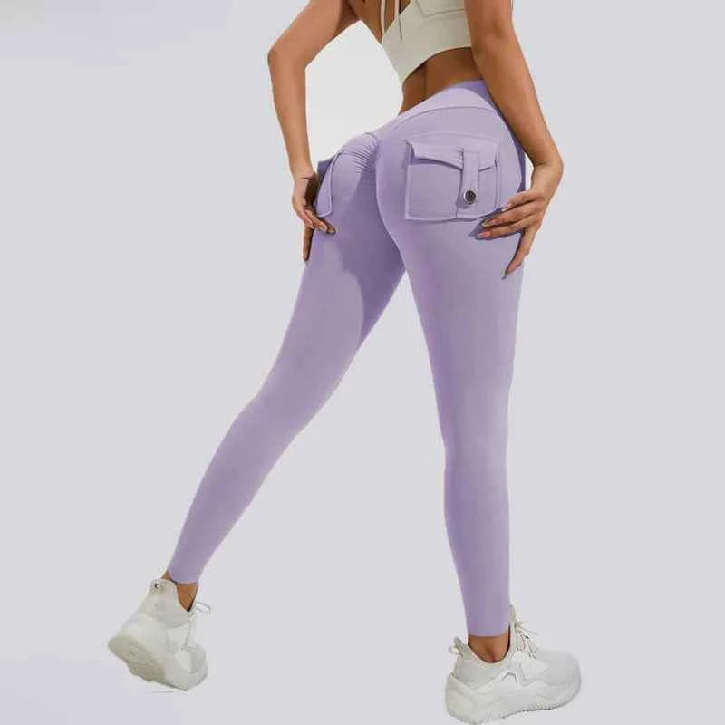 Peach Hip Pocket Leggings High Waist Push Up Gym Trousers