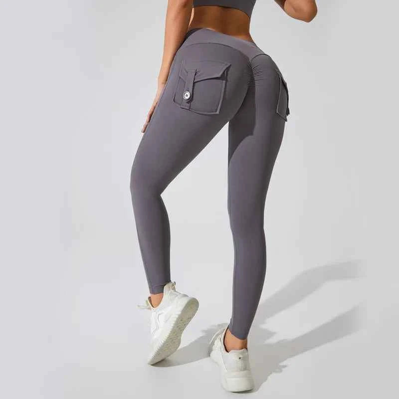 Peach Hip Pocket Leggings High Waist Push Up Gym Trousers