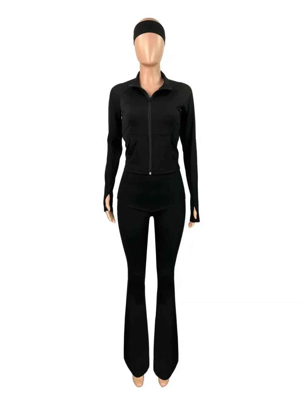 FLARORA Casual Sporty 3 Pcs Set Woman Lapel Long Sleeve Dew Finger Jacket+Skinny Flare Pant+ Hairband Yoga Fitness Tracksuits