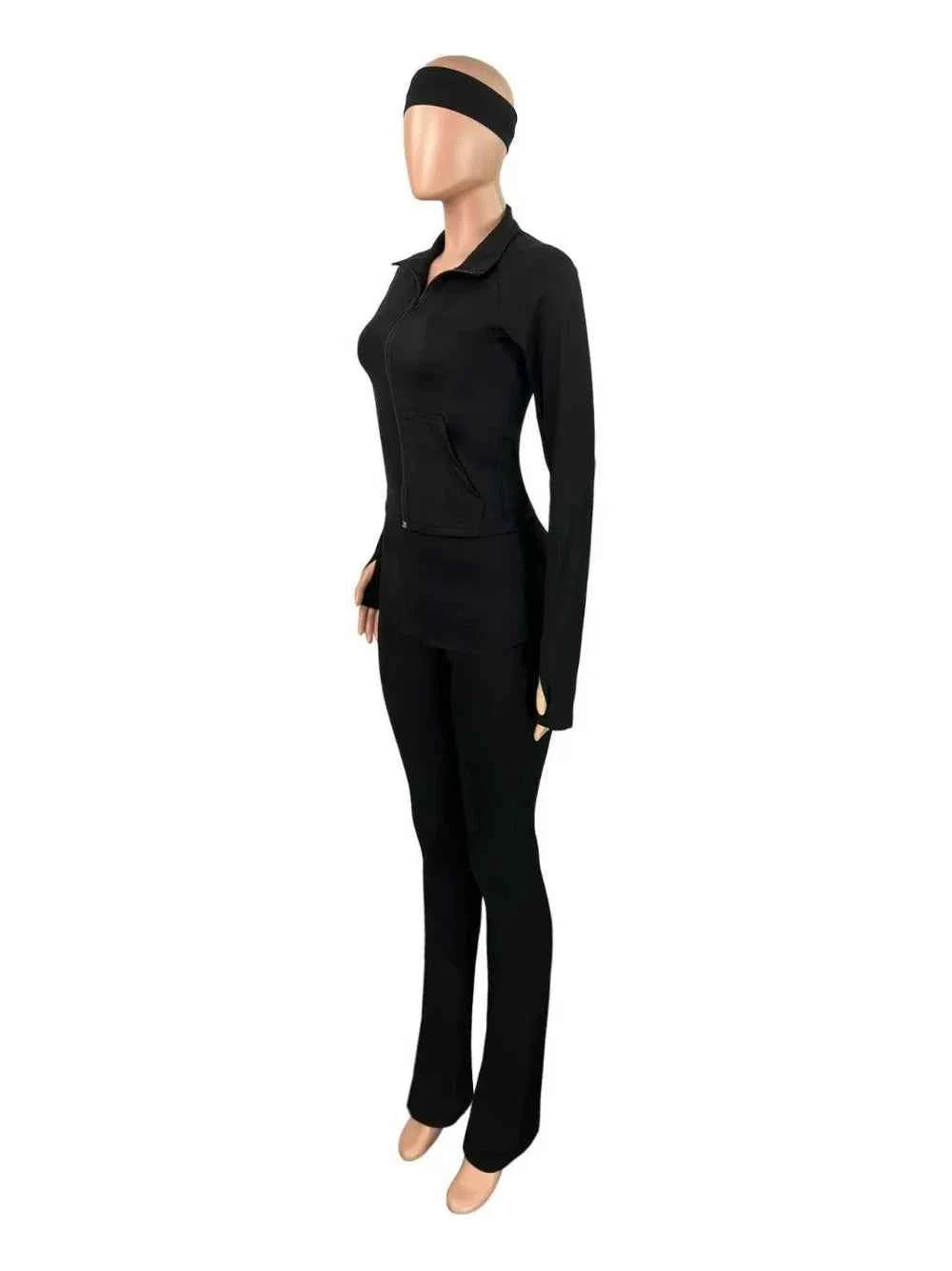 FLARORA Casual Sporty 3 Pcs Set Woman Lapel Long Sleeve Dew Finger Jacket+Skinny Flare Pant+ Hairband Yoga Fitness Tracksuits