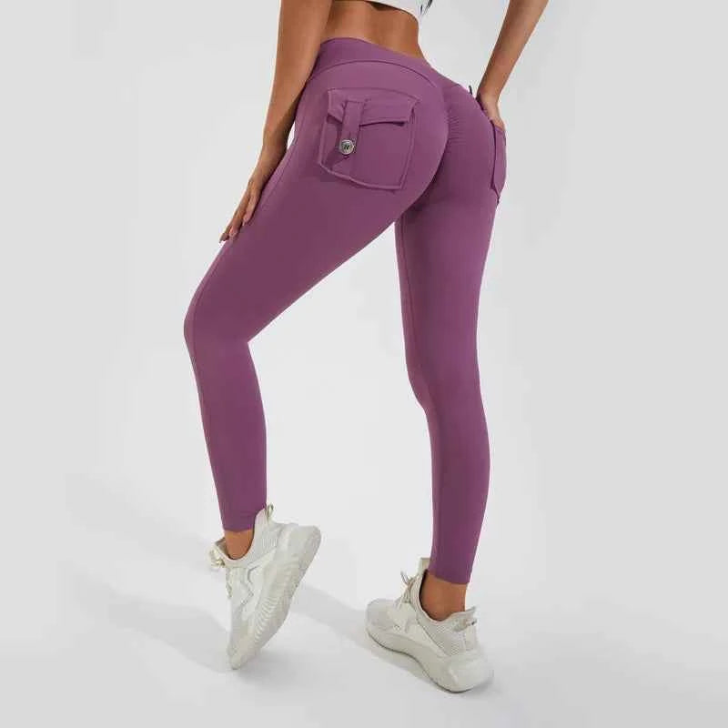 Peach Hip Pocket Leggings High Waist Push Up Gym Trousers