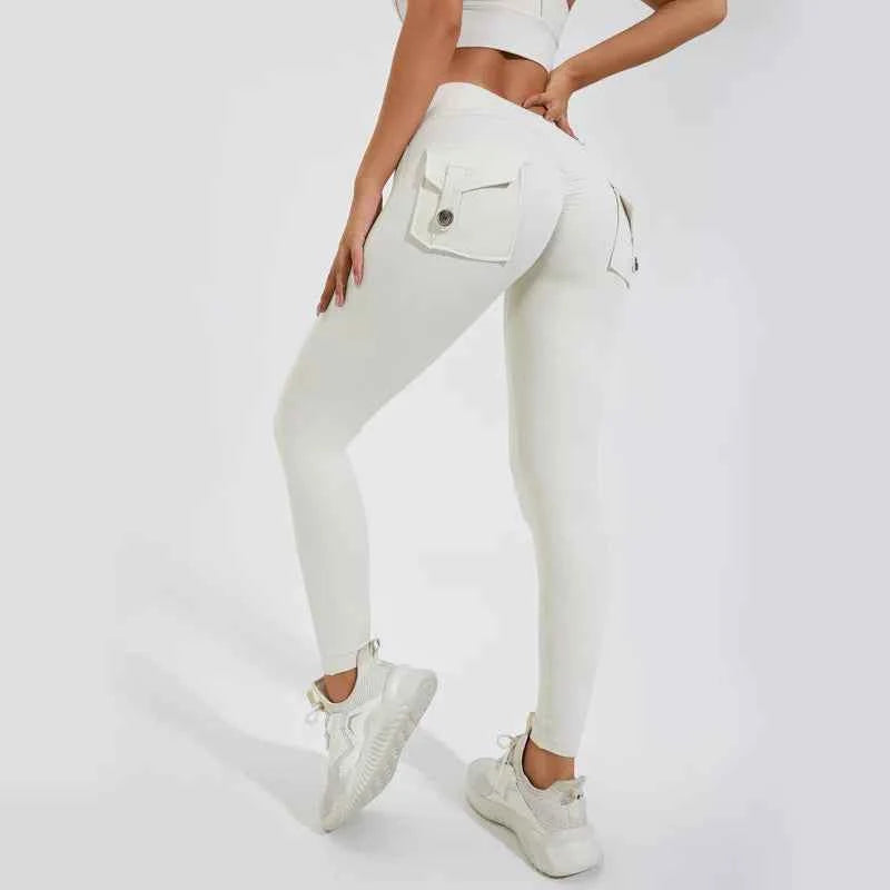 Peach Hip Pocket Leggings High Waist Push Up Gym Trousers