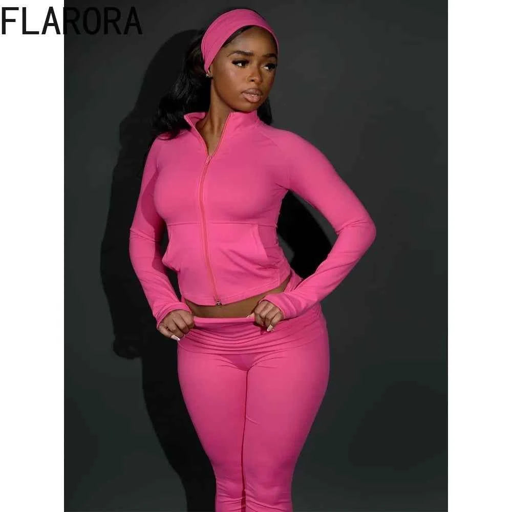 FLARORA Casual Sporty 3 Pcs Set Woman Lapel Long Sleeve Dew Finger Jacket+Skinny Flare Pant+ Hairband Yoga Fitness Tracksuits