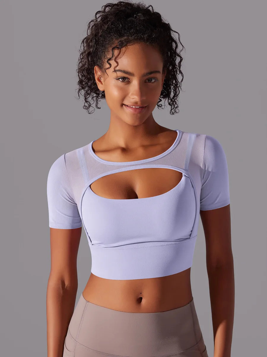 Yoga exercise set with women's mesh patchwork one piece asymmetric hollow sexy tight fitting sports and fitness yoga gym bra - IRON GODDESS