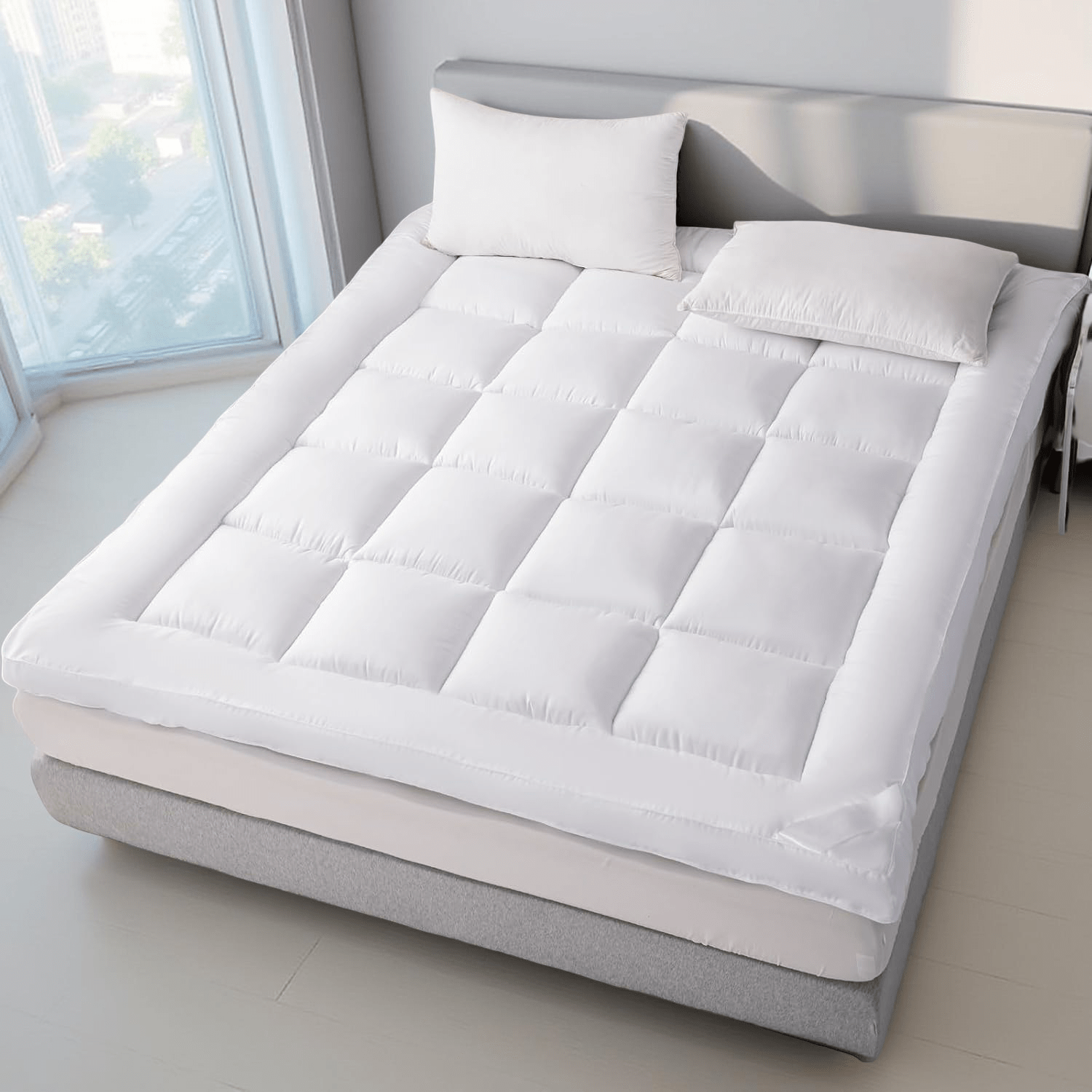 Textile Xpert 4-Inch Thick Microfibre Mattress Topper, Mattress Pad, Soft Bed Topper with Elastic Straps for Secure Fit, Machine Washable, Ideal for Dorm, Home, Guest Room, Single, Small Double 4FT, Double, King, Super King