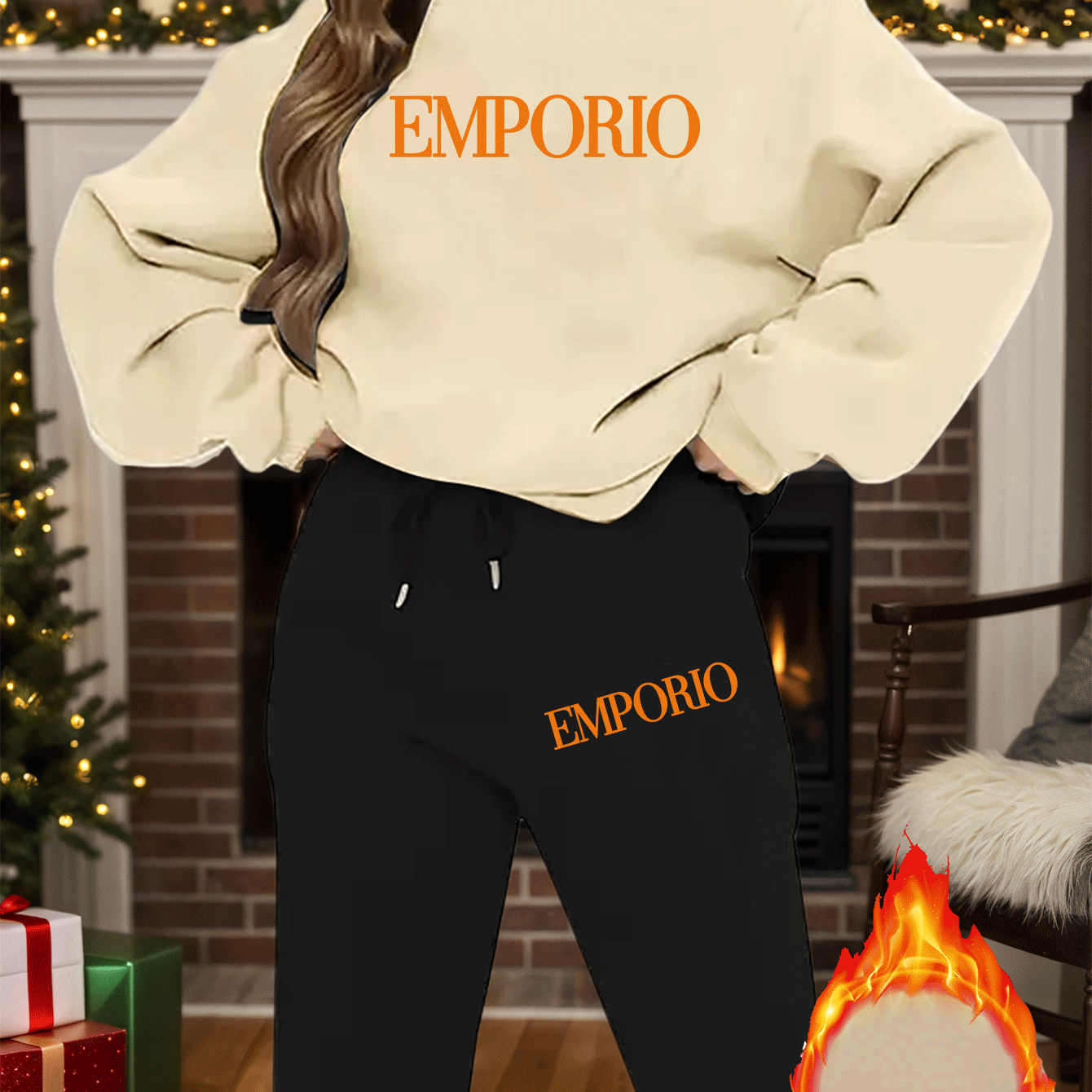 2pcs Women's Y2K Emporio-Inspired Matching Sweatsuit Set - Oversized Beige & Black Letter Print Tracksuit, Round Neck Long Sleeve Tracksuit (Jumpsuit) - Machine Washable Polyester/Elastane Blend for Casual & Formal Wear - IRON GODDESS