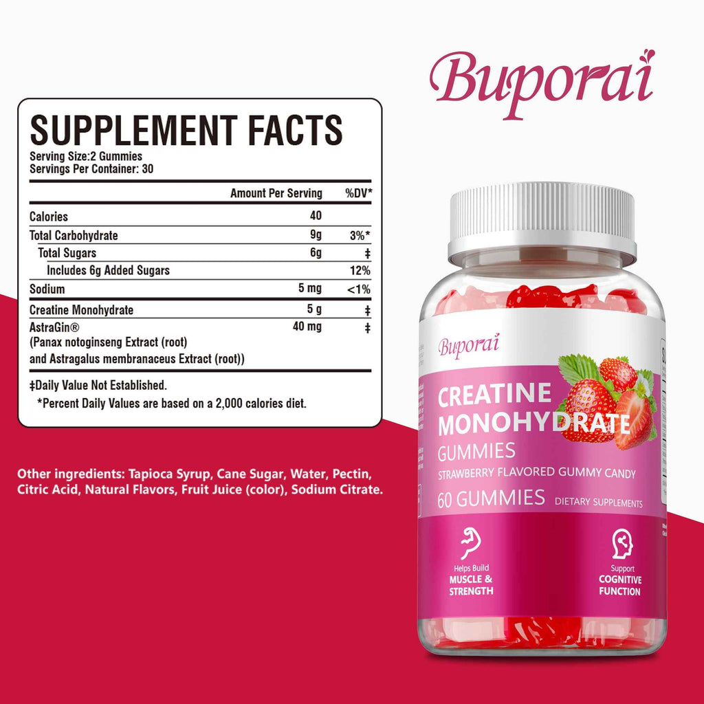 Creatine Monohydrate Gummies - Muscle Support, Strength, Recovery, Cognitive Health, Memory, Pre-Workout Supplement - 60pcs