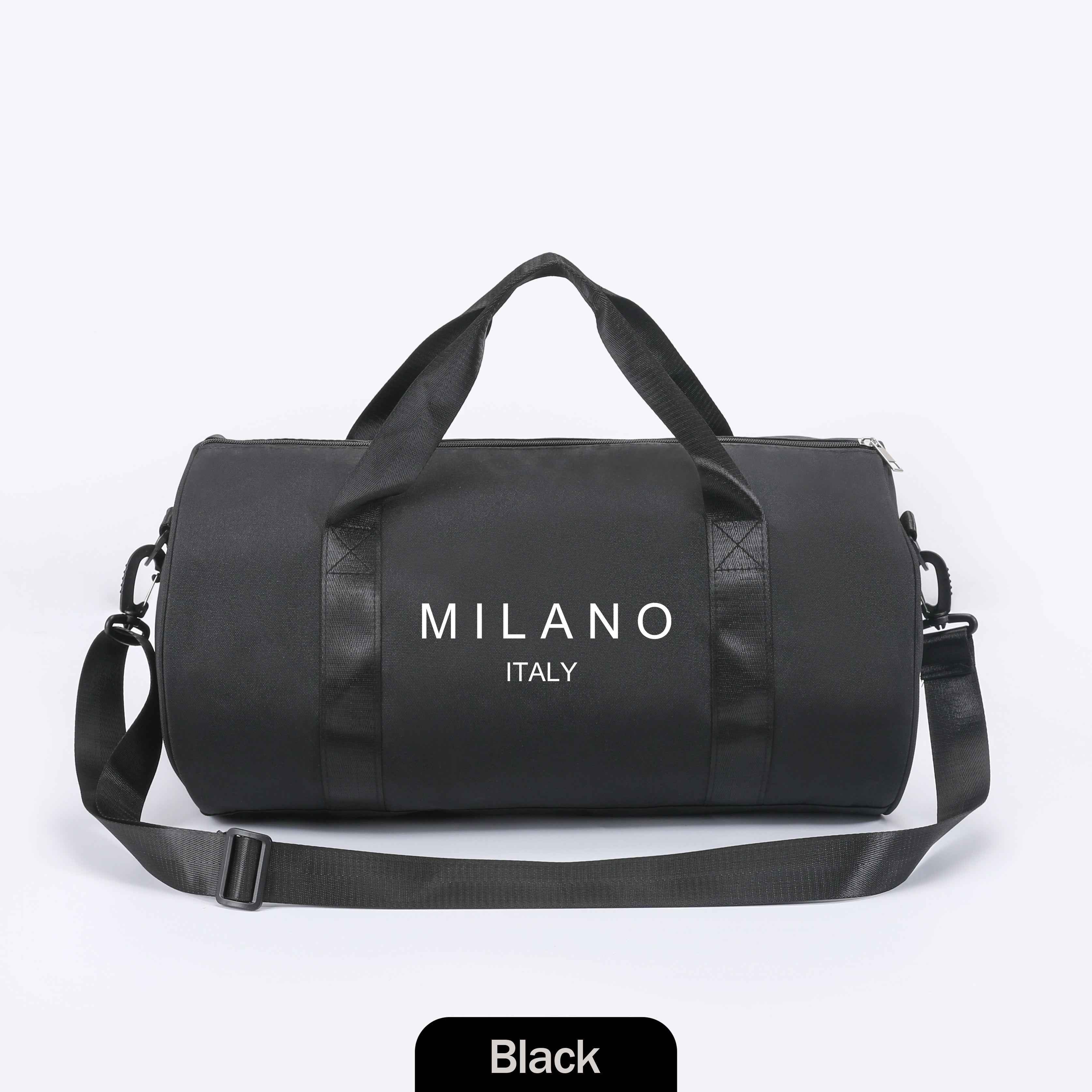 1pc MILANO Print Shoulder Crossbody Duffel Bag - High-Capacity Lightweight Foldable Nylon Gym Bag with Adjustable Strap, 4 Colors (Black/White/Blue/Gray) for Ballet Dancers, Travel, Daily Commute & Athleisure, Dance Accessory Carrier, Durable Zipper Closu