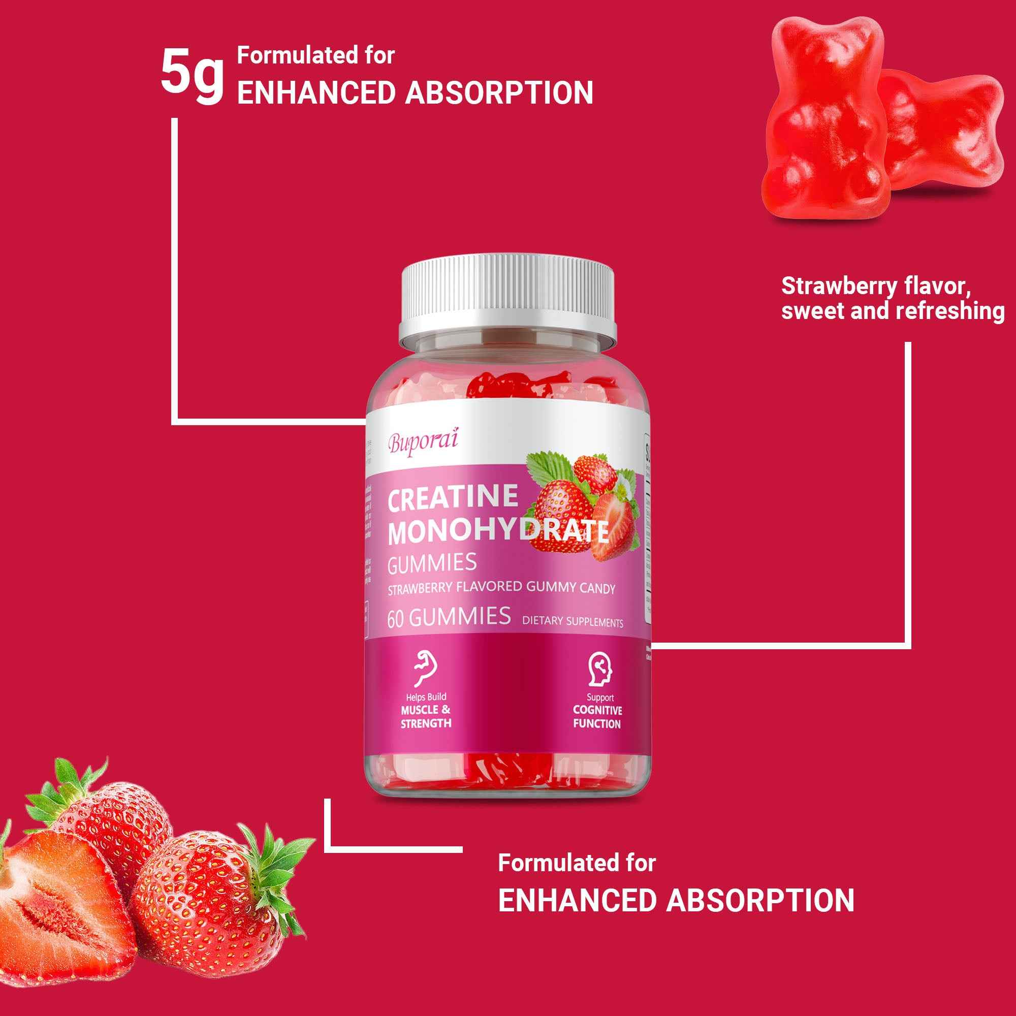 Creatine Monohydrate Gummies - Muscle Support, Strength, Recovery, Cognitive Health, Memory, Pre-Workout Supplement - 60pcs