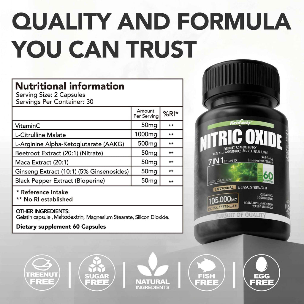 Nitric Oxide Supplements, Male Vitality, Promote Healthy Blood Circulation, Delay Fatigue, Contain L-arginine And L-citrulline, Dietary Supplements for Heart Health, 60 Capsules