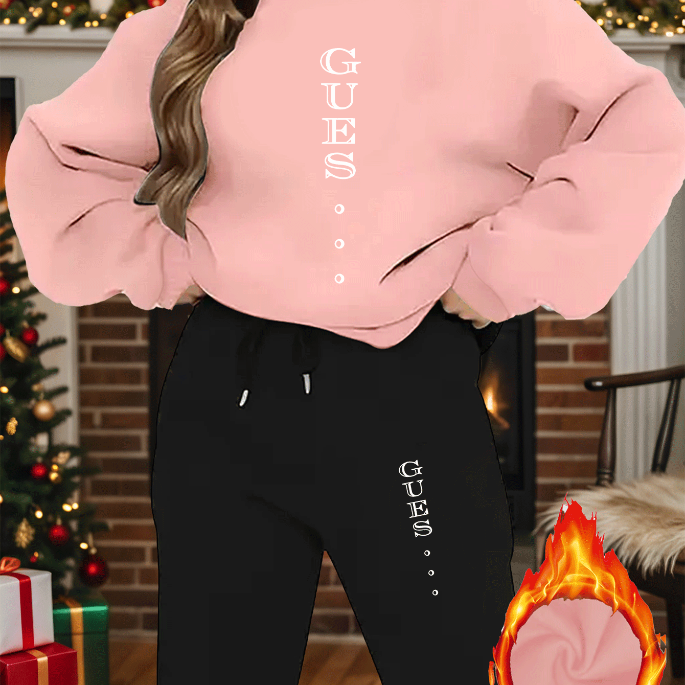 2pcs Women'S Y2K Style Oversized Sweatshirt & Pants Set - Light Blue "GUESS" Print, Long Sleeve Crew Neck, Fleece-Lined, Casual Winter Outfit, All-Season Comfort, Casual Winter Wear | Oversized Sweatshirt | Fleece Lined Pants - IRON GODDESS