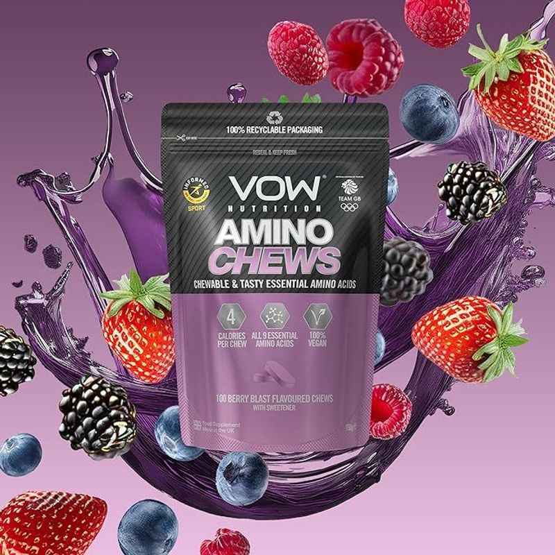 VOW Amino Acid Chews – All 9 Essential Amino Acids for Muscle Growth & Recovery – Berry Blast Flavor – Halal Certified – Fast Absorbing Post-Workout Supplement