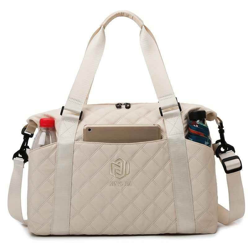 [Large Capacity Travel Duffle] Durable Polyester Unisex Large Capacity Travel Duffle Bag | Lightweight Sporty Gym & Business Duffle with Dry/Wet Compartments, Convertible Handheld/Crossbody Design, White/Black