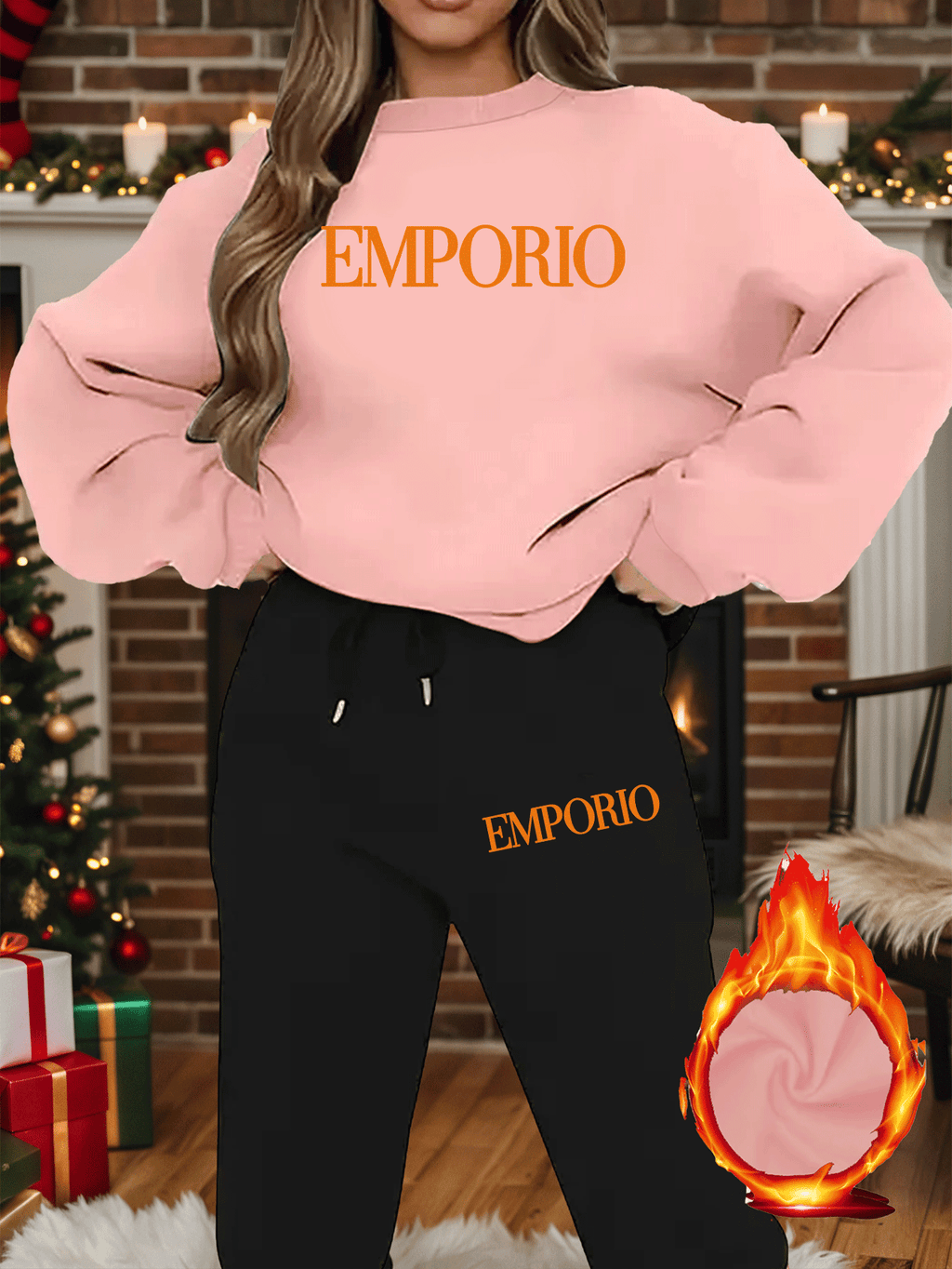 2pcs Women's Y2K Emporio-Inspired Matching Sweatsuit Set - Oversized Beige & Black Letter Print Tracksuit, Round Neck Long Sleeve Tracksuit (Jumpsuit) - Machine Washable Polyester/Elastane Blend for Casual & Formal Wear - IRON GODDESS