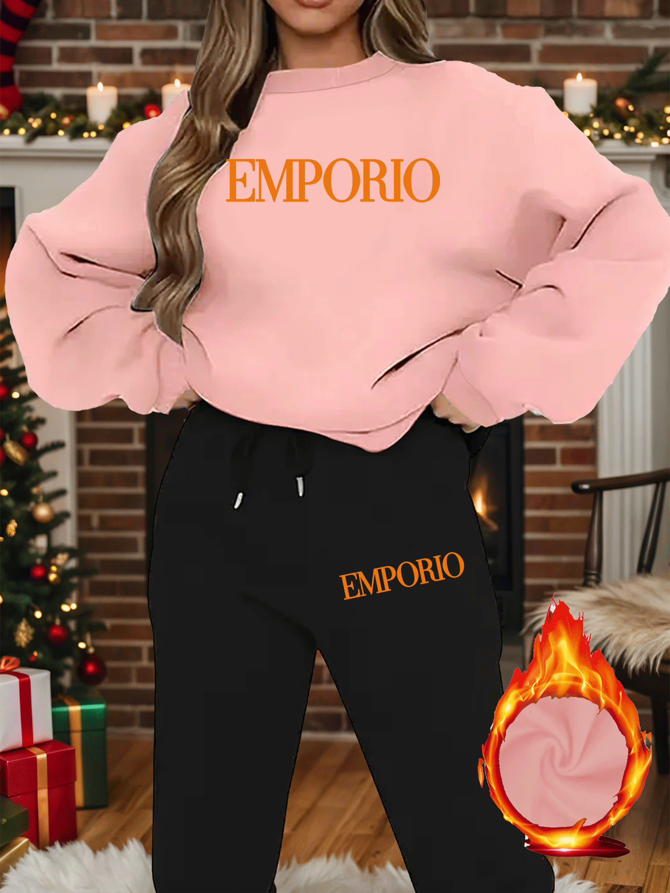 2pcs Women's Y2K Emporio-Inspired Matching Sweatsuit Set - Oversized Beige & Black Letter Print Tracksuit, Round Neck Long Sleeve Tracksuit (Jumpsuit) - Machine Washable Polyester/Elastane Blend for Casual & Formal Wear - IRON GODDESS