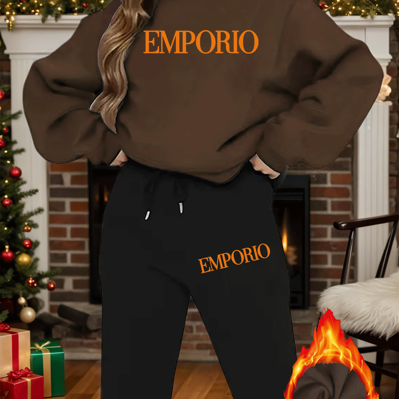 2pcs Women's Y2K Emporio-Inspired Matching Sweatsuit Set - Oversized Beige & Black Letter Print Tracksuit, Round Neck Long Sleeve Tracksuit (Jumpsuit) - Machine Washable Polyester/Elastane Blend for Casual & Formal Wear - IRON GODDESS