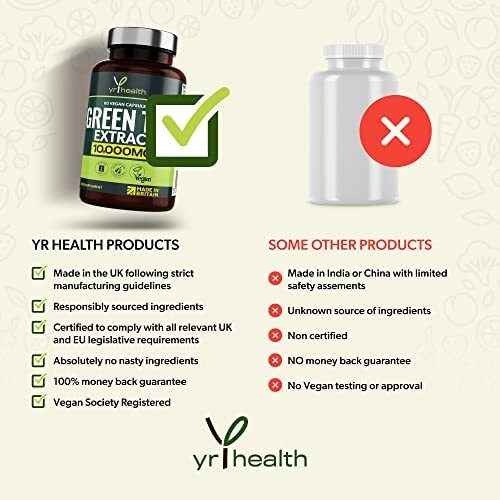 Green Tea Capsules from Vegan Green Tea Extract 10,000mg, Green Tea Tablets High Strength for Weight Loss, Metabolism Booster Keto Diet, 60 Vegan Society Registered Capsules, UK Made by YrHealth