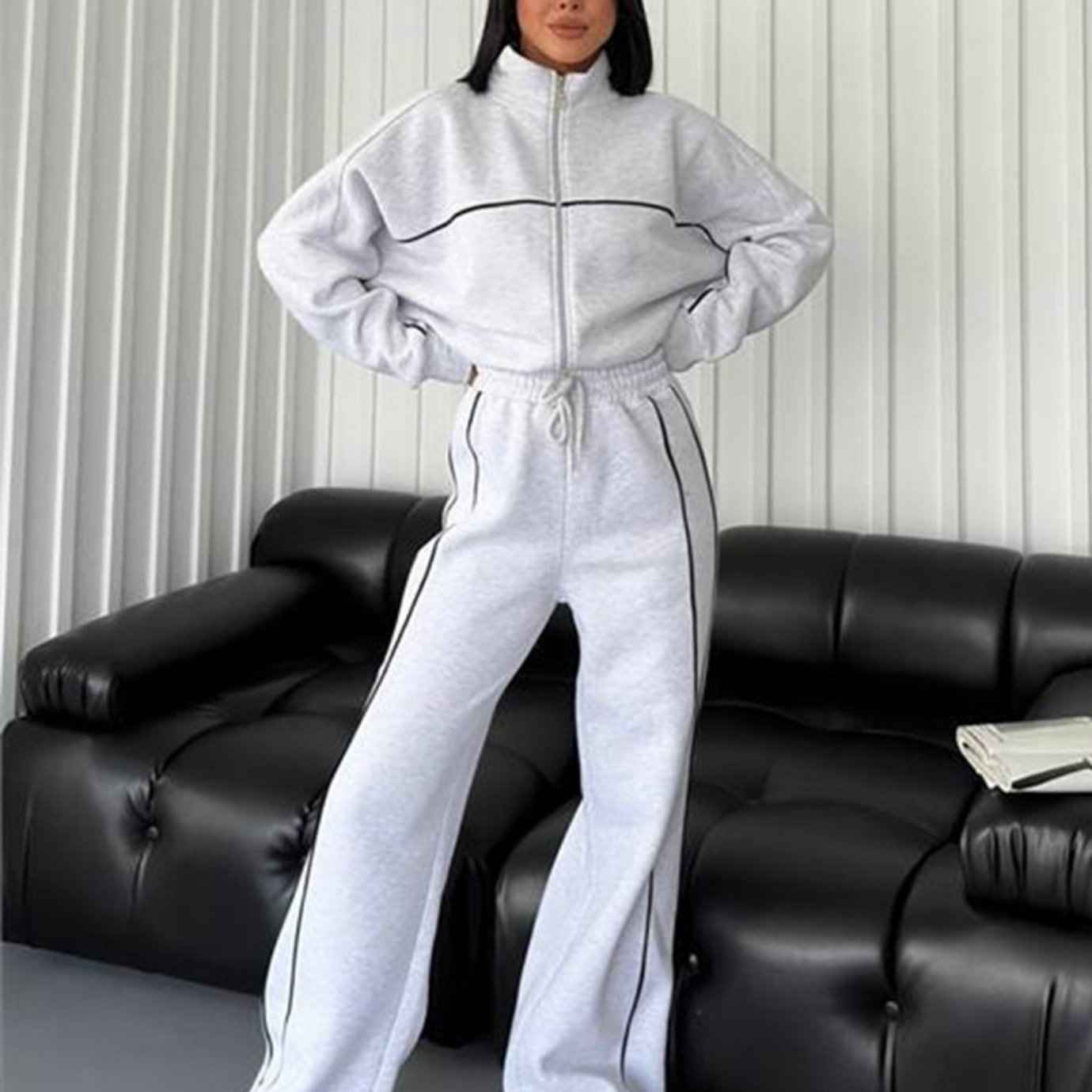 2024 Autumn/ Winter new casual suit long sleeve half turtleneck cardigan hoodie with striped pants street hipster, Autumn Clothing, Hipster Style, Turtleneck Design, Comfortable Fit, Twopiece Suit, Streetwear Lovers, Fashion Enthusiasts