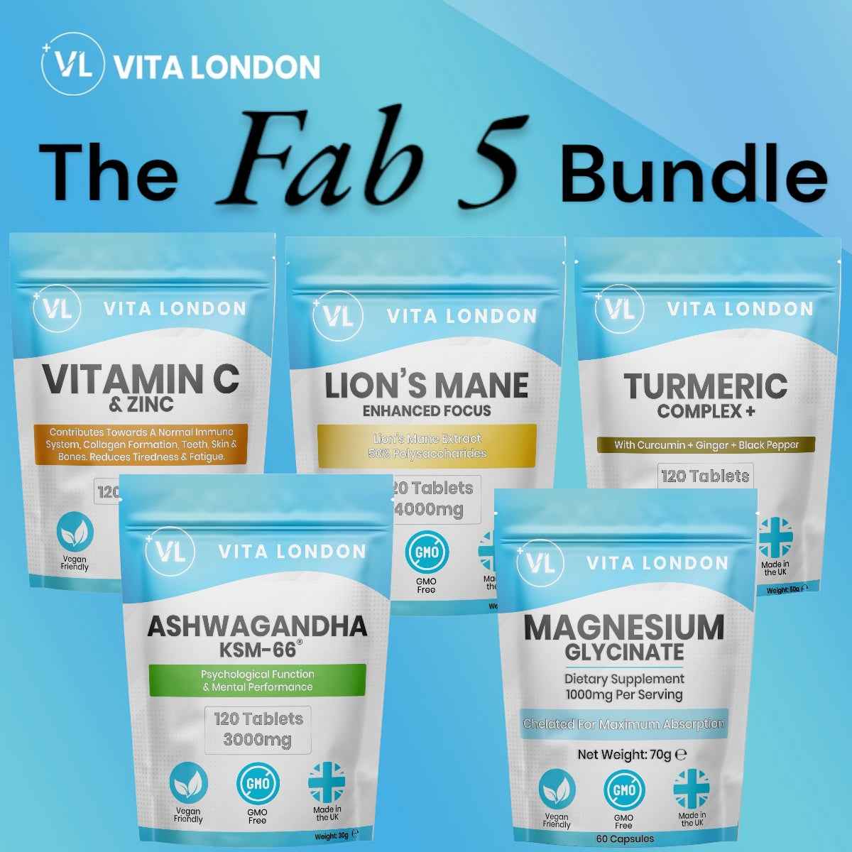 5pk Supplement Bundle - Turmeric, Ginger, Black Pepper - Magnesium Glycinate - Ashwagandha KSM-66 - Lions Mane Mushroom - Vitamin C & Zinc Tablets / Capsules (Not Gummies Or Powder) - Vegan - Gluten Free - Adult - UK - Vita London - Supplements - Vitamins