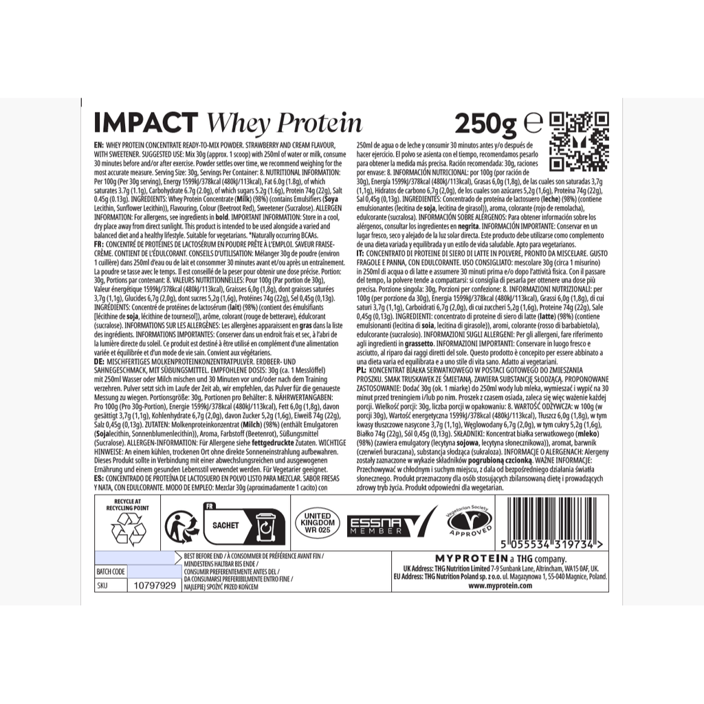 Myprotein Impact Whey Protein Powder, 250g, 23g Protein under 115kcal per serving, with BCAAs, Muscle Grow, Fitness & Workout, Sports Nutrition, Bulking, Gym Essentials