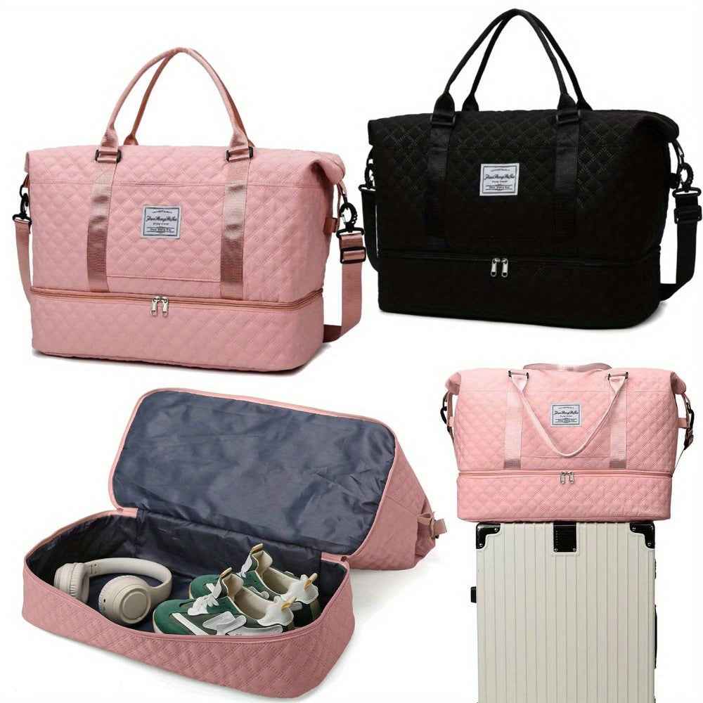 Women's Large Oxford Fabric Duffle Bag with Multiple Compartments & Headphone Storage - Pink & Black Gym Travel Holdall, Hand Washable Weekend Luggage Organizer
