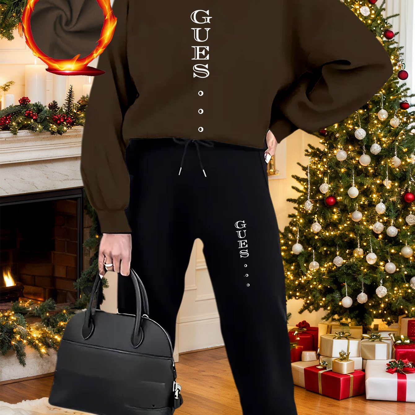2pcs Women's GUESS Logo Oversized Pink Sweatsuit Set - Y2K White Lettering Matching Joggers & Sweater, All-Season Casual Outfit, Machine Washable Round Neck Tracksuit (Pink/Black) - Iconic Brand Collaboration - IRON GODDESS