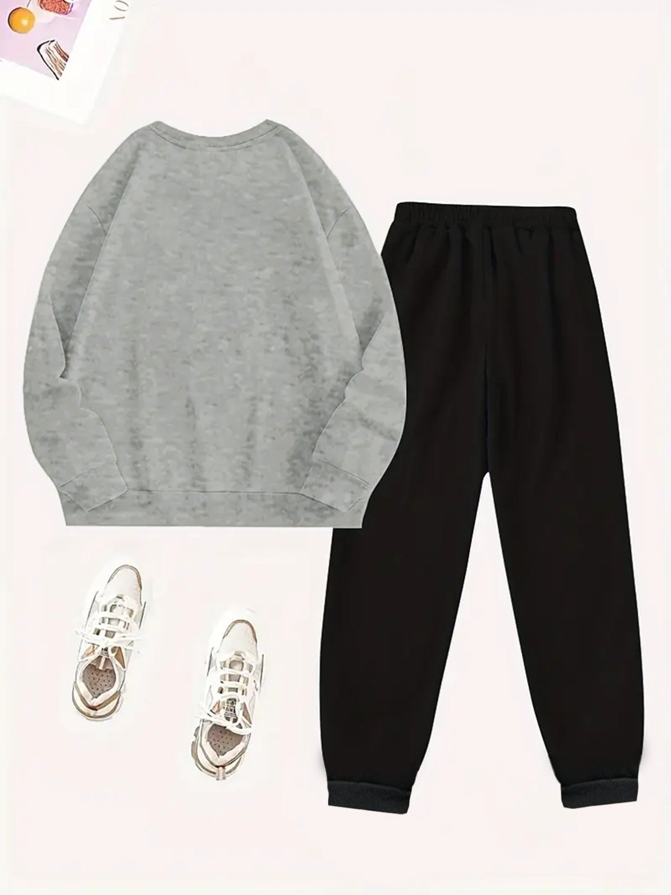 2pcs Women'S Y2K Style Oversized Sweatshirt & Pants Set - Light Blue "GUESS" Print, Long Sleeve Crew Neck, Fleece-Lined, Casual Winter Outfit, All-Season Comfort, Casual Winter Wear | Oversized Sweatshirt | Fleece Lined Pants - IRON GODDESS