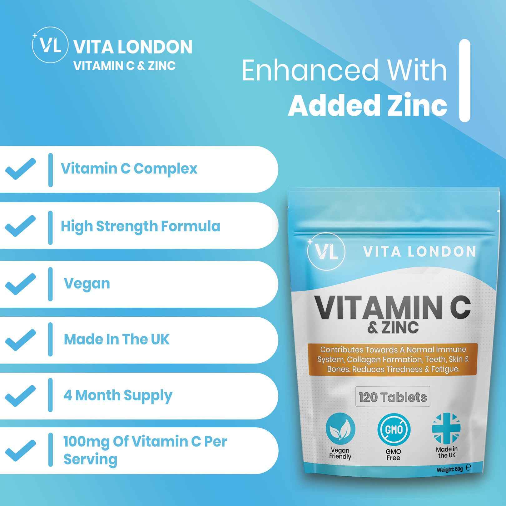 5pk Supplement Bundle - Turmeric, Ginger, Black Pepper - Magnesium Glycinate - Ashwagandha KSM-66 - Lions Mane Mushroom - Vitamin C & Zinc Tablets / Capsules (Not Gummies Or Powder) - Vegan - Gluten Free - Adult - UK - Vita London - Supplements - Vitamins