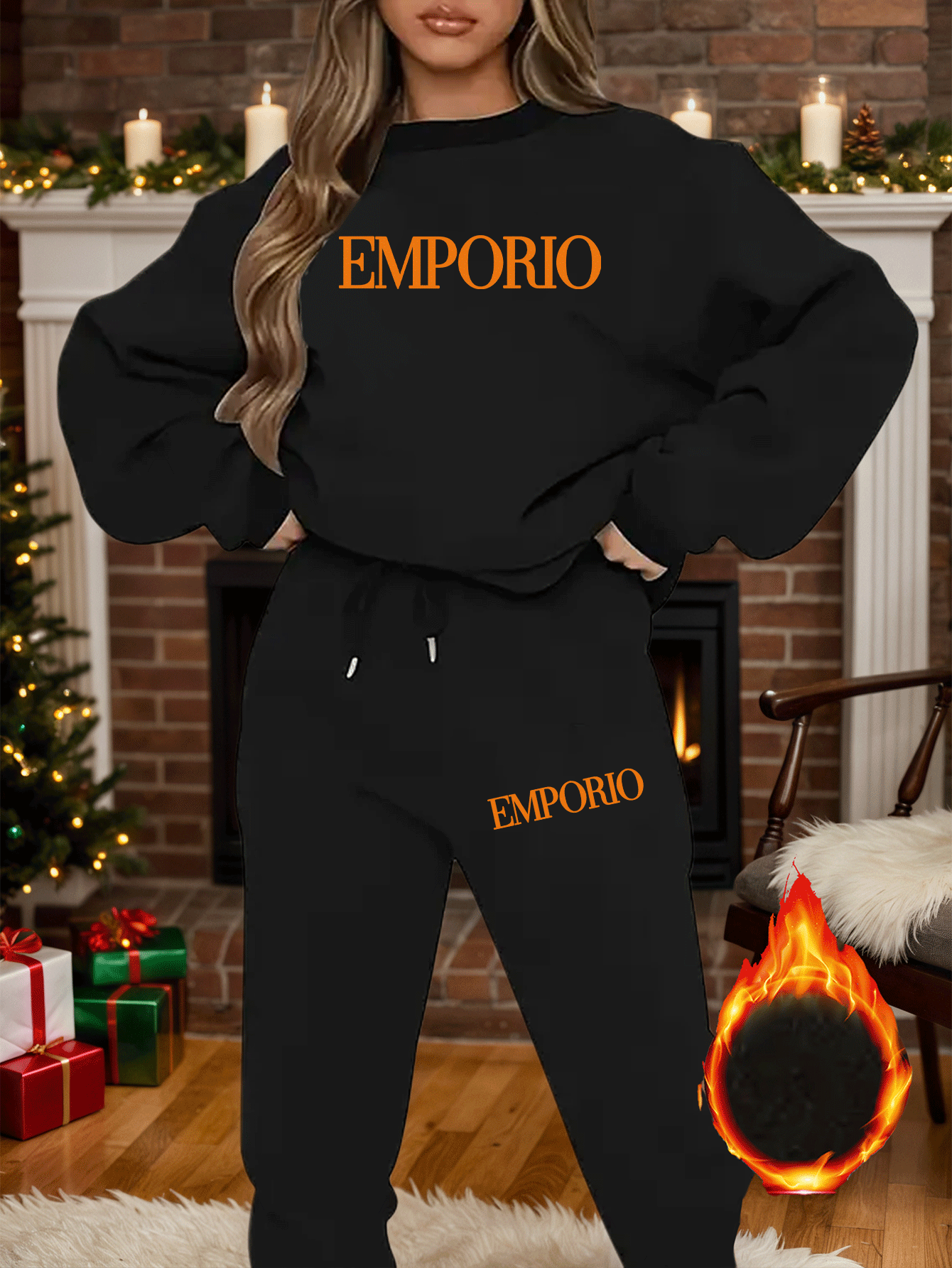 2pcs Women's Y2K Emporio-Inspired Matching Sweatsuit Set - Oversized Beige & Black Letter Print Tracksuit, Round Neck Long Sleeve Tracksuit (Jumpsuit) - Machine Washable Polyester/Elastane Blend for Casual & Formal Wear - IRON GODDESS