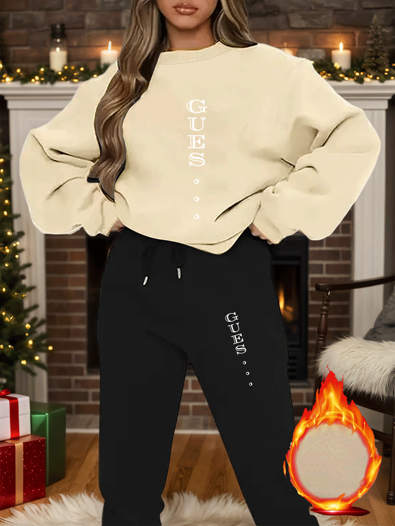 2pcs Women'S Y2K Style Oversized Sweatshirt & Pants Set - Light Blue "GUESS" Print, Long Sleeve Crew Neck, Fleece-Lined, Casual Winter Outfit, All-Season Comfort, Casual Winter Wear | Oversized Sweatshirt | Fleece Lined Pants - IRON GODDESS