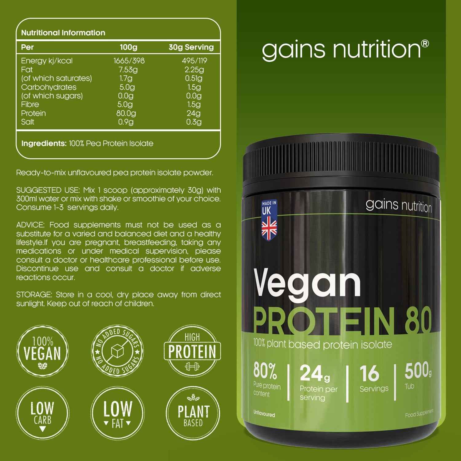 Vegan Protein 80 Pea Protein Powder | Plant Based Protein-Powder | 24g Protein per Serving | Pea-Protein Isolate | Unsweetened