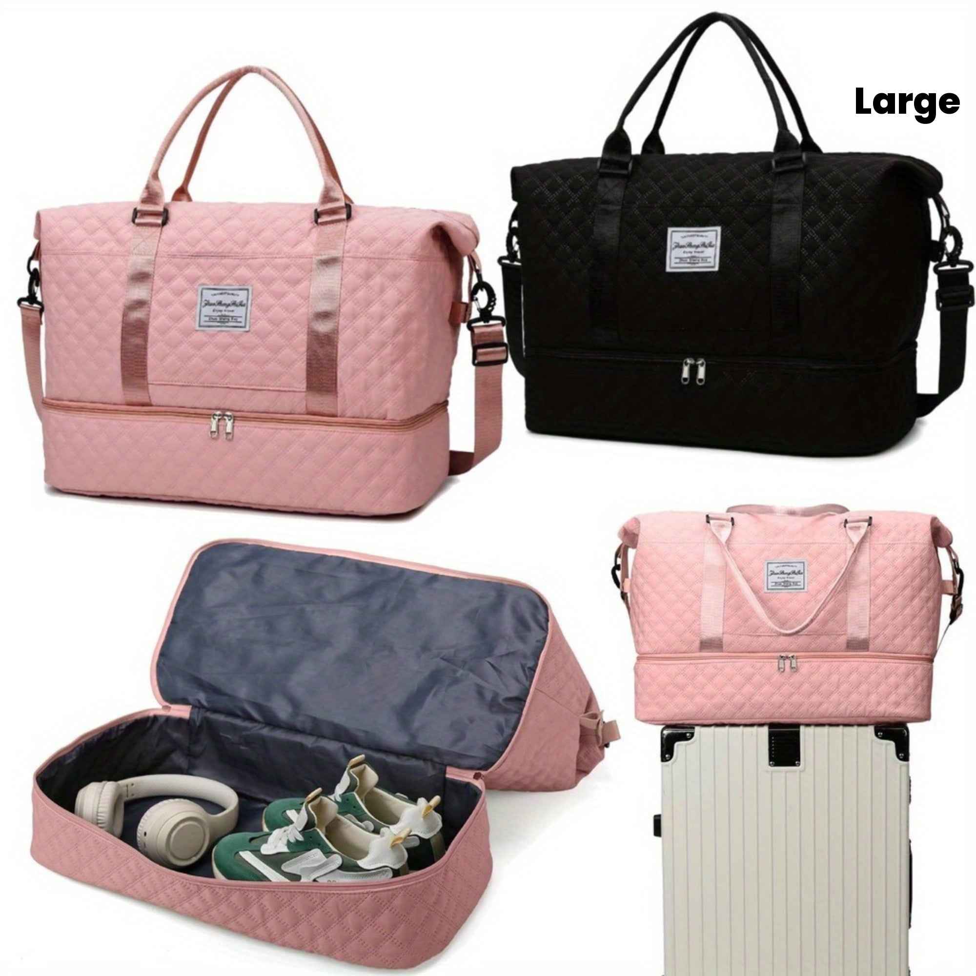 Women's Large Oxford Fabric Duffle Bag with Multiple Compartments & Headphone Storage - Pink & Black Gym Travel Holdall, Hand Washable Weekend Luggage Organizer