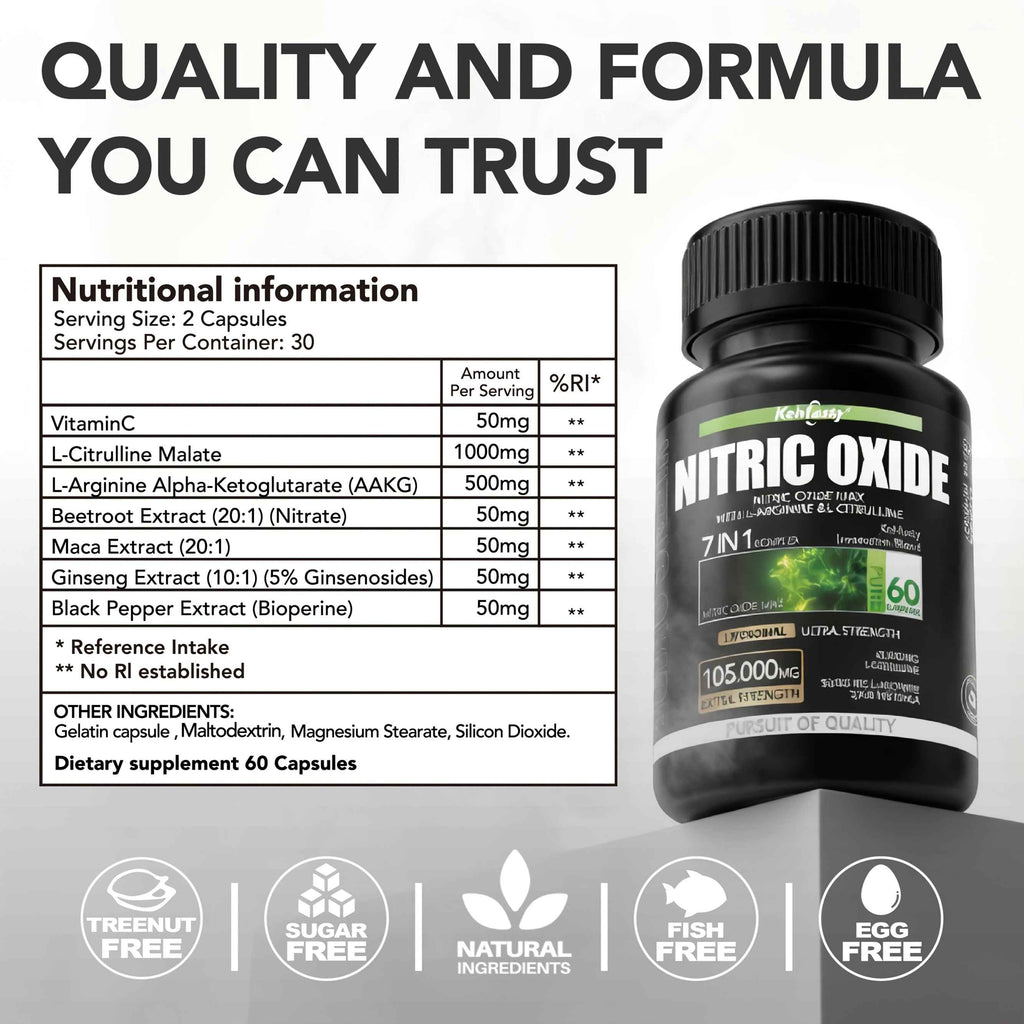 Nitric Oxide Supplements, Male Vitality, Promote Healthy Blood Circulation, Delay Fatigue, Contain L-arginine And L-citrulline, Dietary Supplements for Heart Health, 60 Capsules