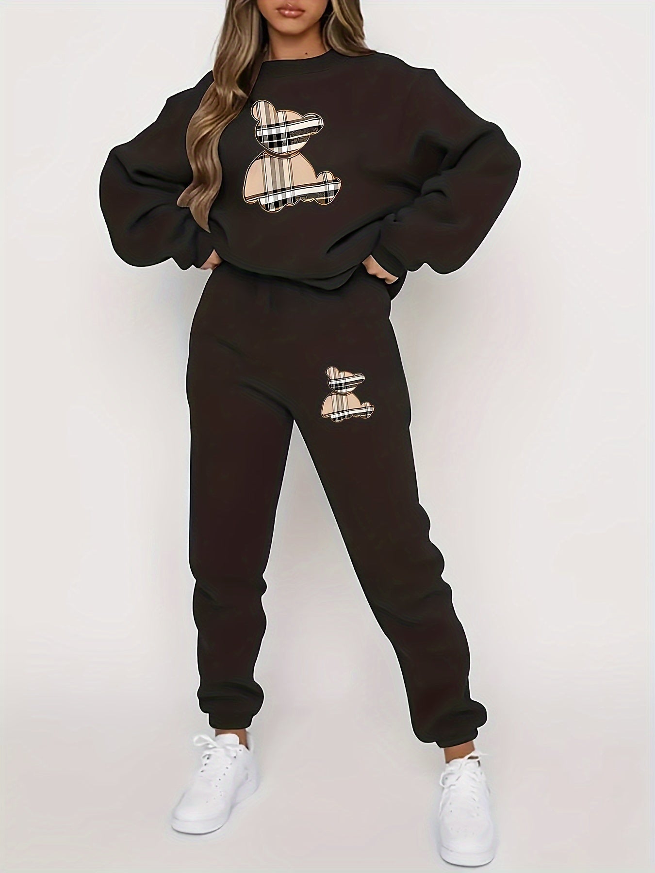 Cozy Fleece-Lined Women's Sweatshirt & Joggers Set - Geometric Print, Casual Fall/Winter Outfit, Machine Washable - IRON GODDESS