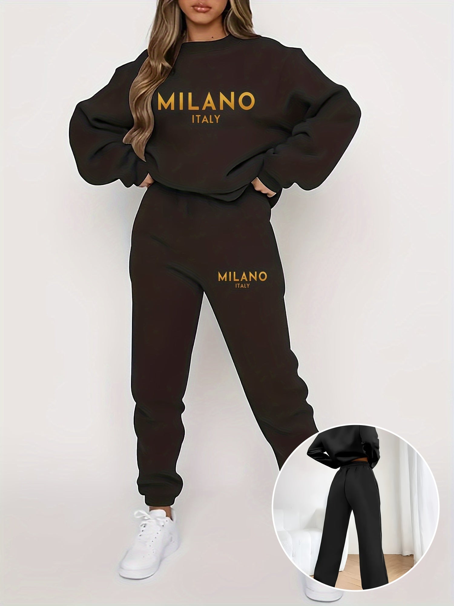 [Autumn/Winter Geometric Pattern Milano Set] Milano Italy Sweatshirt and Pants Set - Fashionable Autumn/Winter Geometric Patterned Knit Fabric, Round Neck, Polyester, Casual Women'S Two-Piece Outfit - IRON GODDESS