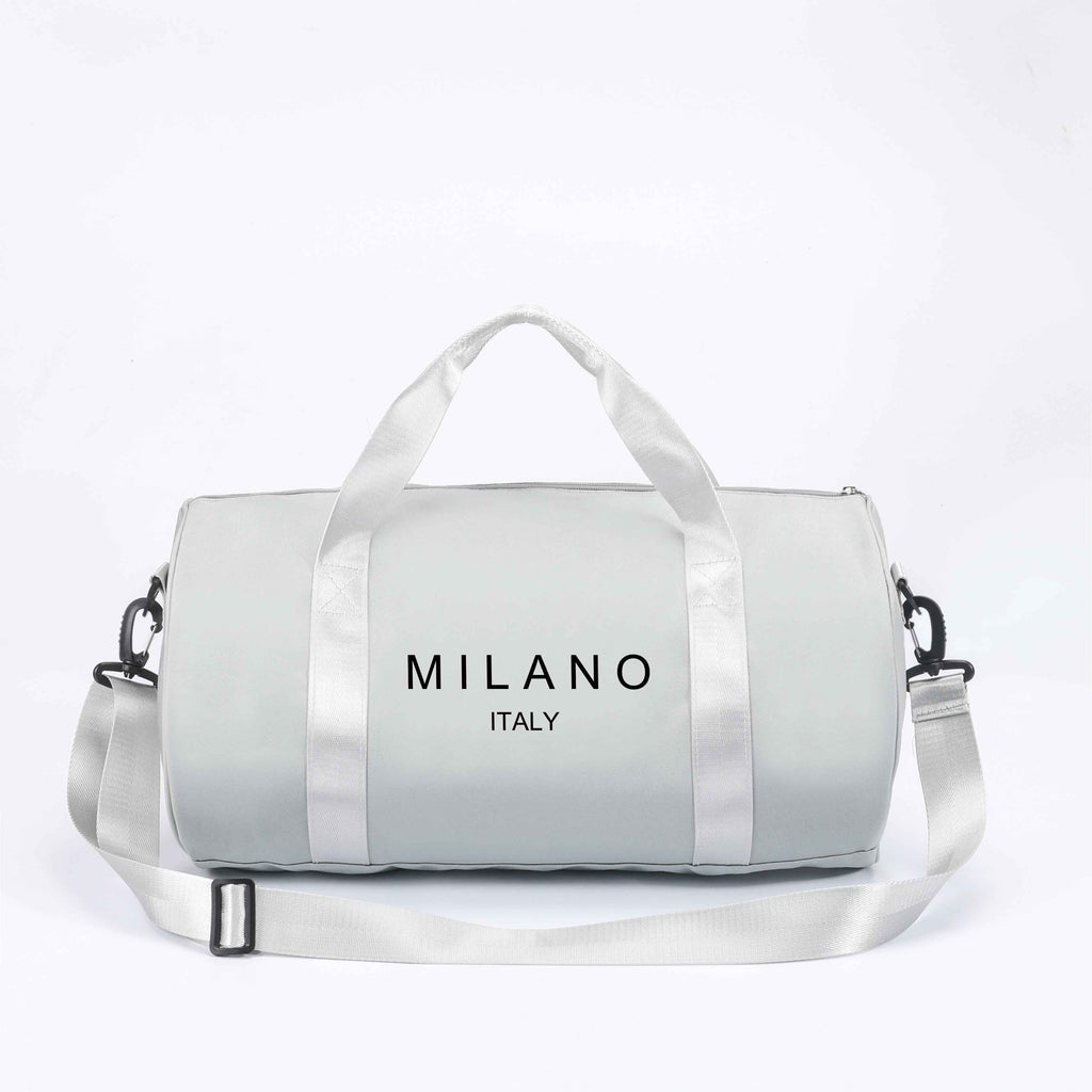 1pc MILANO Print Shoulder Crossbody Duffel Bag - High-Capacity Lightweight Foldable Nylon Gym Bag with Adjustable Strap, 4 Colors (Black/White/Blue/Gray) for Ballet Dancers, Travel, Daily Commute & Athleisure, Dance Accessory Carrier, Durable Zipper Closu