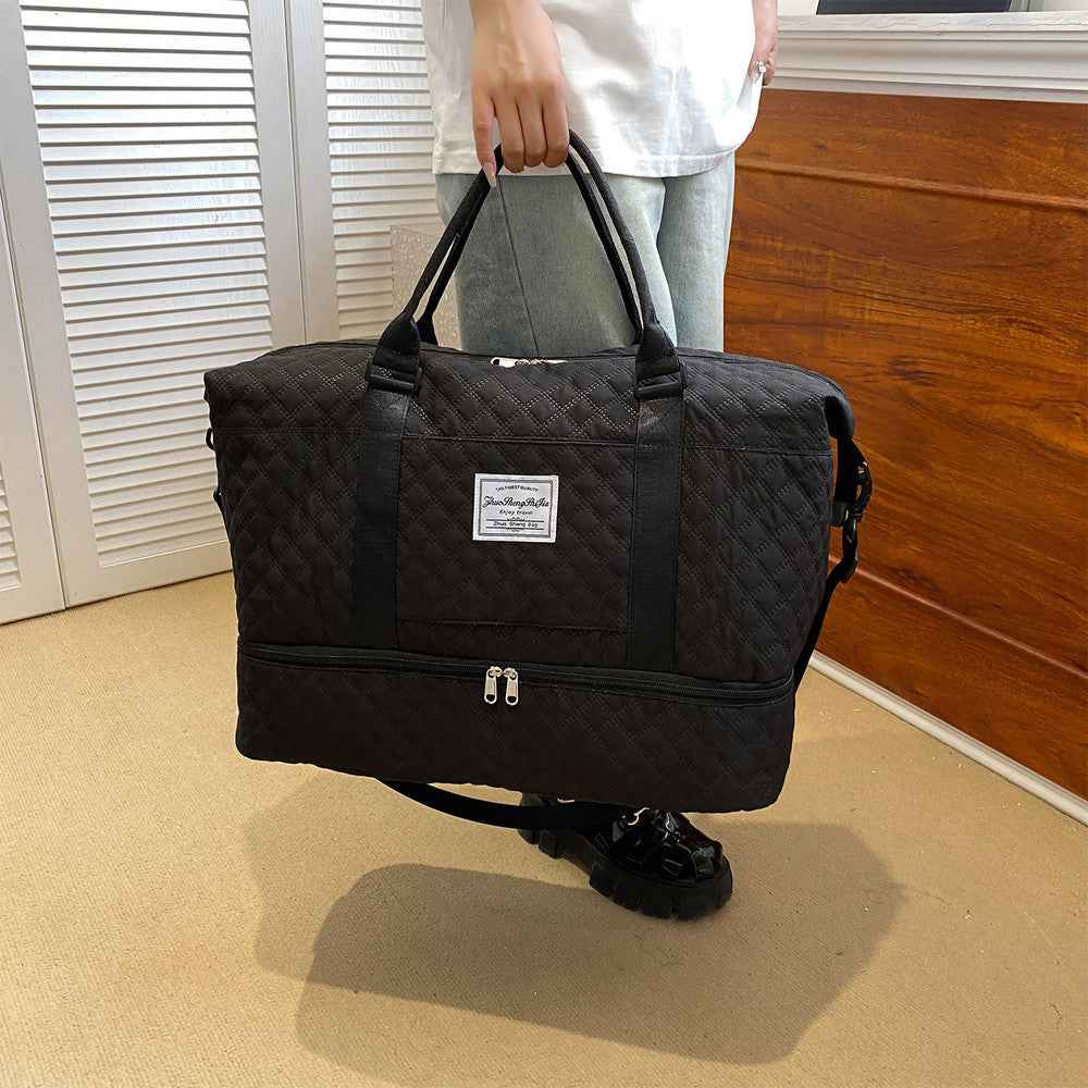 Women's Large Oxford Fabric Duffle Bag with Multiple Compartments & Headphone Storage - Pink & Black Gym Travel Holdall, Hand Washable Weekend Luggage Organizer